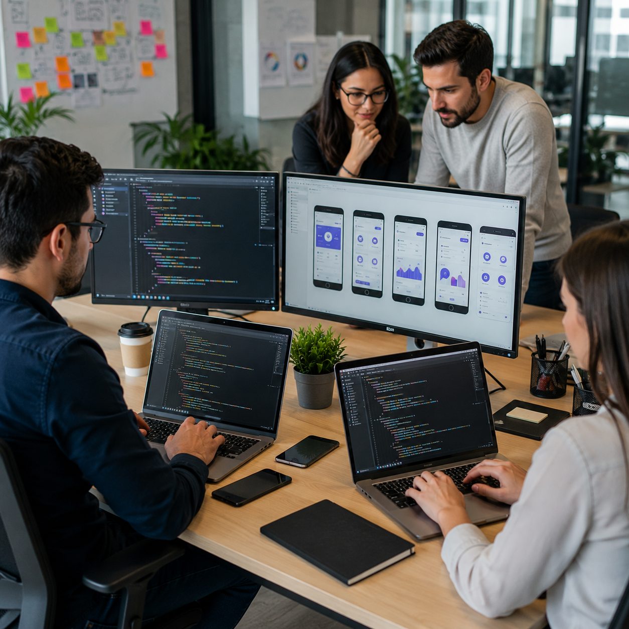 Equipo de desarrollo trabajando en una aplicación